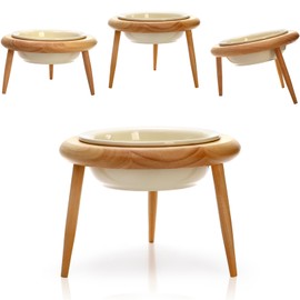 DEAYOU Ceramic Cat Bowl Adjustable, Tilted Elevated Raised Pet Dish, No Spill Pet Food Water Feeder, Slanted Dog Bowl with Wood Stand for Kitty, Pet Supplies, Stress Free, 600 ML/20 OZ, Cream White