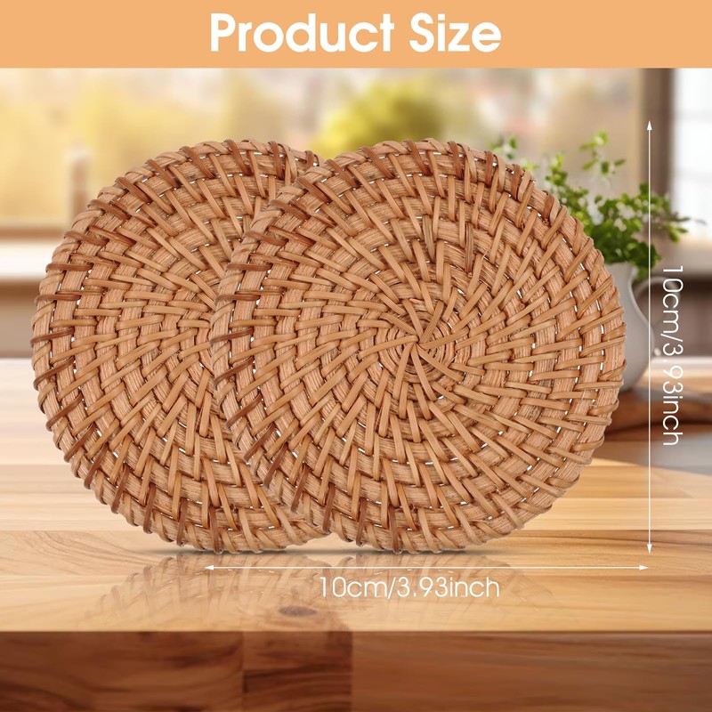Oruola 2pcs Rattan Placemats,10cm Diameter Handmade Woven Coasters,Natural Rattan Placemats