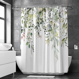Muuyi Shower Curtain, Waterproof Green Shower Curtain for Bathroom, Floral Plant Leaf Shower Curtain with 12 Hooks 72 x 72 Inches