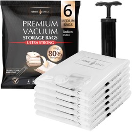 GENIE SPACE Medium Vacuum Storage Bags - Pack of 6, 70x50cm | Strong Space Saving Bags | Premium Airtight & Reusable Vacuum Bag for Clothes, Towels, Childrenswear & More | inc Travel Pump