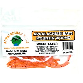 Appalachian Baits Sweet Tater Mountin Wormz, 2 1/4" Soft Sinking Fishing Bait Worms, Scented, (Trout, Steelhead, Panfish), (15 Count)