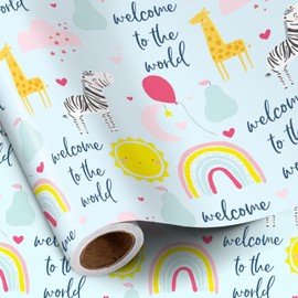 RUSPEPA Baby Shower Wrapping Paper Roll for Boys, Mini Roll, Blue Welcome to the World Rainbow, Zebra, Giraffe and Sun Design Gift Wrap Perfect for Newborn Gift, Baby Shower, 17 Inches x 16.4 Feet