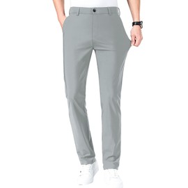 LUSHENUNI Men's Golf Pants Slim High Stretch, Ice Silk Dress Pants with Expandable-Waist Pants (Light Grey,34)