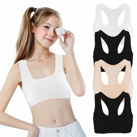 Xinjieda 4 Pack Sports Bra, Cotton Girls Bras Crop Tops for Girls, Non Padded Training Bras Teen Bra Clothes for Kids Age 6-12 (Black White Beige