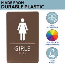 ADA CENTRAL SIGNS - 6"X9" Girls Restroom Sign - ADA Compliant Tactile Graphics Grade 2 Braille Text Plastic Wall Signs - Bathroom Door Placard Double Sided Tape Rest Room Sign for Business Apartment