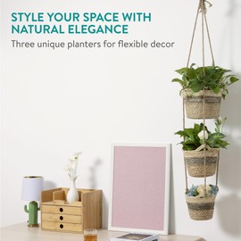 Navaris Seagrass Hanging Plant Pot Set - Decorative Indoor House Plant & Flower Pots with Jute Rope - Woven Basket Design for Home Storage - Small, Medium and Large Planters