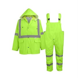 GGS Traje de lluvia de tres piezas, alta visibilidad, baberos impermeables y chaqueta con capucha desmontable, equipo de lluvia ligero para construcci