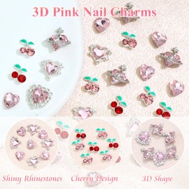 YAEISM 30PCS Pink Heart Nail Charms 4 Types Crystal Nails Gems 2 Color Shiny Cherry Nail Charms Luxury Nail Rhinestones for Women Nail Art and DIY Crafts Decoration