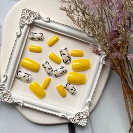Fall Press on Nails Medium False Nails Yellow Fake Nails Square Shape Stick on Nails Full Cover Acrylic Nails Yellow Nail Tips with Flower Leaf Designs Artificial Nails Glossy Glue on Nails for Women