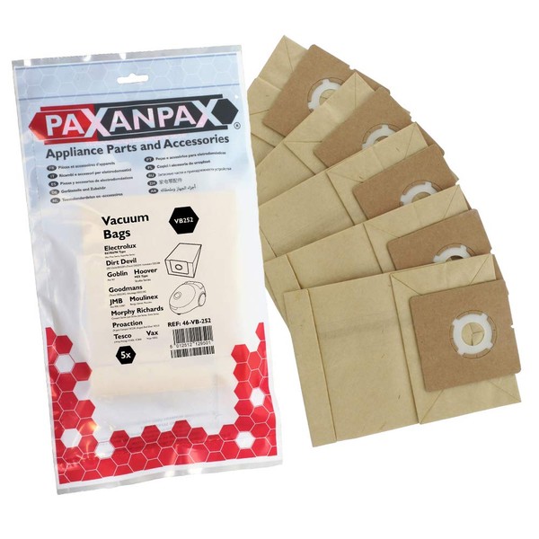 Paxanpax VB252 Compatible Paper Bags Goblin Ace 461 Hoover 'H55' Studio Electrolux 'E67/E67N' Mini Mite & Superlite Morphy Richards Compact, Jazz, Jive, Sonic Series (Pack of 5)