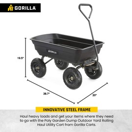 Gorilla Carts Heavy Duty Poly Utility Dump Wagon Garden Cart w/Pneumatic Tires, 4 Cu Ft - 600 lb Capacity Outdoor Wheelbarrow for Yard, Landscaping & Gardening