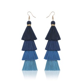 Bohemian Layered Long Pom Pom Tassel Earrings Drop Dangle Tiered Ombre Fringe for Women (Royal Blue)