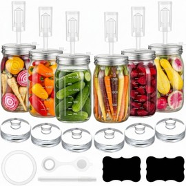 Honeydak 6 Pack Fermentation Jar Kit Include 34 oz Wide Mouth Mason Glass Jars with Fermenting Weights and Airlocks, Stainless Steel Lids, Pickle Jar for Kimchi, Sauerkraut, Vegetables, Yogurt