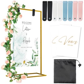 Wedding Welcome Sign Stand, 57x31x15"Welcome to Our Wedding Sign Stand with Leather Straps, Flower Vine, Vow Card, Wedding Sign Holder, Heavy Duty Floor Easel Stand for Sign for Wedding Birthday