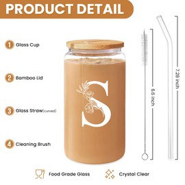 SANDJEST Monogrammed Gifts for Women - Monogram S Initial Glass Cup 16 Oz Can Coffee Cups with Lid and Straw - Monogram Initials Gifts for Womens on Birthday