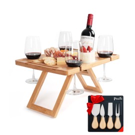 Bamboo Charcuterie Picnic Table, Portable Wooden Outdoor Picnic Wine Table with 4 Silver Cheese Knives & Detachable Knife Stand, Gift for Cheese & Wine Lovers