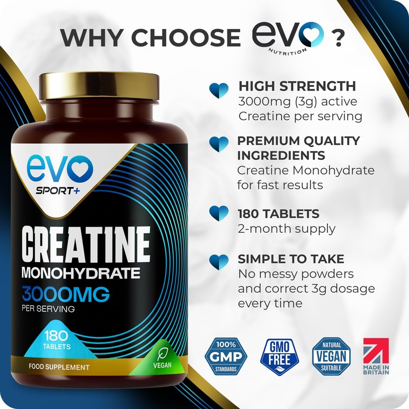 EVO NUTRITION Creatine Monohydrate Tablets 3000mg - 180 Creatine Tablets