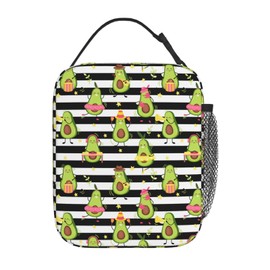 Oplp Cute Avocado Black White Stripes Lunch Bag Lunch Box Insulated Meal Bag Food Container for School Work Picnic Travel