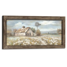 Rustic Farmhouse Wood Wall Art: Country Framed Picture Decor Barn Windmill Print Farm Scene Painting Rural Countryside Artwork for Home Bedroom Living Room
