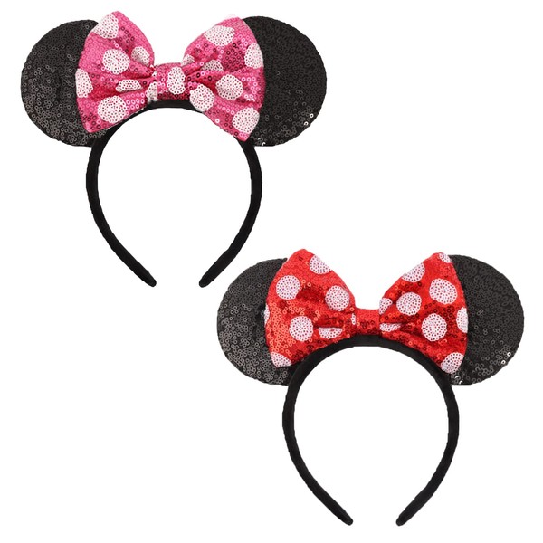 ETLUK Mouse Ears Headbands, 2 PCS Sequined Shiny Bow Headband Party Cosplay Accessories for Women, Girls (Pink Dot & Red Dot)