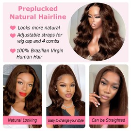 Real Hair Wig, 13 x 4 Brown HD Lace Front Wig, 100% Human Hair Wig, #4 Wig for Women with Baby Hair, Brown Lace Wig, Human Hair, 18 Inches