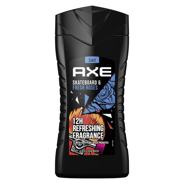 Axe Skateboard & Fresh Roses 3in1 Duschgel Herren Body Hair Face 12h frischen Duft auf Pflanzenbasis (1 x 250 ml)