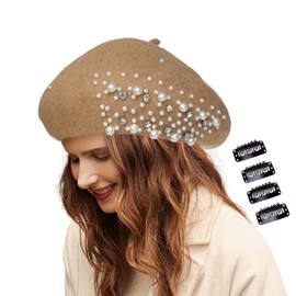 JK Home Pearl Rhinestone Wool French Beret Hat with 4pcs Fasten Snap Clips U-Shape Metal Clips, Women Classic Cashmere Warm Artist Painter Hat Newsboy Dome Bowler Cap Fancy Dress Theme Hats