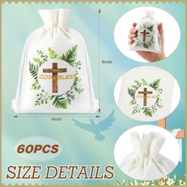 Locmeo 60 Pcs Baptism Candy Bags 4 x 6 Inch Small Christening Candy Bag with Drawstring First Communion Goodies Pouches Christening Party Favor Cross Jewelry Pouches for Women Bridal Shower Church