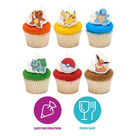 DecoPac - Anillos de Pokémon, decoraciones para cupcakes con Pikachu, Bulbasaur, Eevee, Charmander, Squirtle y Poké Ball, adornos multicolores seguros para tartas – Paquete de 24