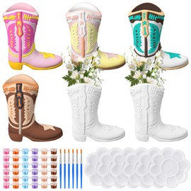 Affrolling 6 Set Cowboy Boot Vase Ceramics to Paint Ready to Paint Your Own Ceramic Cowgirl Hat Vase DIY Unpainted Plaster Paintable Kit Crafts with Brush Palette for Adults (Cowgirl Boots)