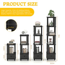 Qriocioa Rotating Bookshelf Tower 5 Tier with Brake Wheels 360°Display Wood Spinning Bookshelf with Drawer Revolving Floor Standing Bookcase Storage Rack Solid Corner Organizer for Small Space Black