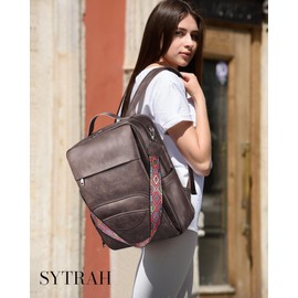 SYTRAH Leather Laptop Backpack, 15.6 Inch Business Computer Bag, Designer College Backpack Travel Backpack with Colorful Shoulder Bag Strap Dark Coffee
