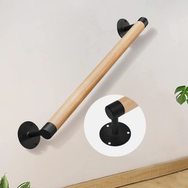 Purife 3 FT Wood Grab Bars Wall Mount Hand Rails for Indoor Stairs- Metal Support Wooden Staircase Handrails, Interior Stair Railings, Exterior Steps Banister Hand Railing, Safety Handle for Elderly