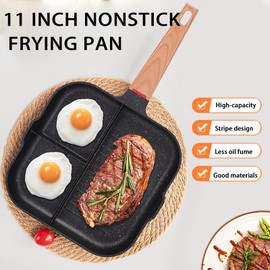 JUSTUP Nonstick Frying Pan,3-in-1 Egg Pan Versatile Divided Grill Pan with Pour Spouts,3 Section Breakfast Skillet Omelette Pan for Stove Tops, PFOA Free (Black)