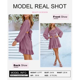 Dokotoo Women's Off The Shoulder Dress Square Neck Tie Backless Fall Dress Lantern Long Sleeve Dress Ruffle A-Line Mini Dress Shirred Elastic Waist Casual Summer Dresses XX-Large Purple