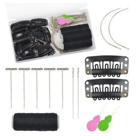 Hair Extensions Clip Set 50 Pcs 6-Teeth U-Shape Snap Clips 10 Curved Needles 3 Rolls Weaving Thread 20 T-Pins 5 I-Pins for Wig Making Hair Extension ( Black )