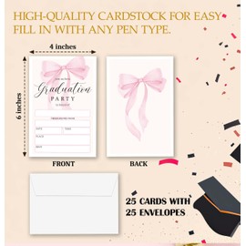 TIRYWT Graduation Party Invitations, Pink Bow Graduation Invite Cards, 2026 Graduation Announcements Party Invite Card, Grad Celebration Party Supplies, 25 Invites With Envelopes (4"X6") -D05