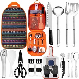 XLRPAT Portable Camping Kitchen Utensil Set, 16-Piece with Carrying Case,Backpack， Includes Knife, Spatula, Spoons, Scissors, Gloves