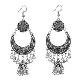Indian Jhumka Jhumki Indian Dangle Earring for Women Vintage Long Tassel Bell Drop Chandelier Earrings Boho Fashion Ball Ethnic Traditional Bohemian Dangling Bollywood Jewelry Gifts (Silver)