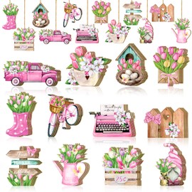 Wenqik 36 Pcs Spring Decor Flower Tulip Wooden Ornaments for Tree Spring Hanging Tree Ornaments Hanging Wood Cutout Colorful Decor for Home Floral Party