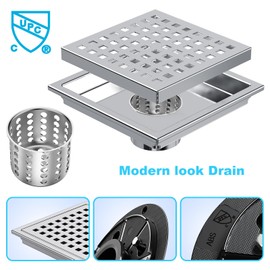 NIREU 6 Inch Square Shower Floor Drain, Removable Cover, 304 Stainless Steel, Watermark&CUPC Certified, Chrome