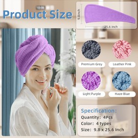 Amrules - Paquete de 4 turbantes para cabello mojado, 9.8in x 25.6in Incluye 4 toallas de cabello seco, diademas para cabello rizado y largo, imprescindible para el baño para mujeres
