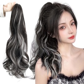 knnzk Ponytail Wig Extension, Clip, Hair Extension, Synthetic Hair, Women's, Clip Type, Curly Long, Wave Hair Extension, One Touch Extension, Point Wig, Fluffy, Black Brown/Grey