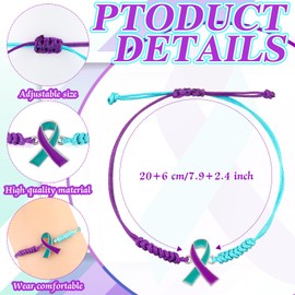 Sasylvia 20/100 Pcs Suicide Prevention Awareness Bracelets Adjustable Cord Purple Teal Ribbon Braided Bracelets Inspirational Suicide Prevention Gifts for Women Men Jewelry Accessories(100 Pcs)