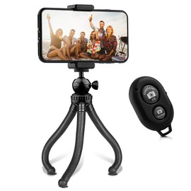 MOJOGEAR Flexible tripod with extra sturdy legs KIT - With phone holder, bluetooth remote, action cam adapter & storage bag - Up to 24 cm high - For smartphone, compact camera & action cam - Black