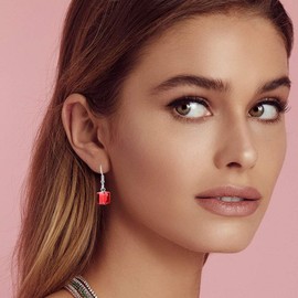 Austrian Crystal Cube Drop Dangle Earrings for Women Fashion 14K Gold Plated Hypoallergenic Jewelry (Red)