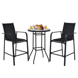 Tangkula 3 Pieces Outdoor Patio Bar Set, Outdoor Bistro Set with 2 Bar Stools and 1 Tempered Glass Bar Table, Bar Height Patio Table and Stools Set for Backyard, Garden, Lawn (Black)