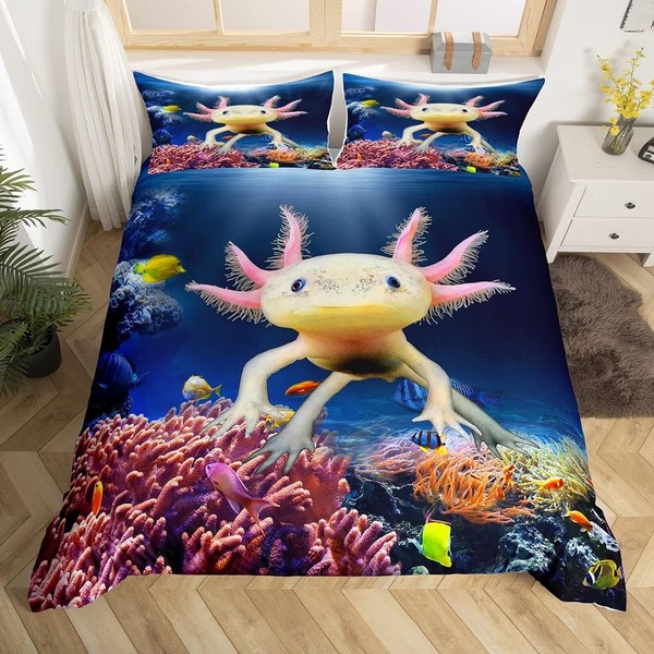 Cute Axolotl Duvet Cover Set, M Size, Fish Sea Life Bedding Set for Children, Teens, Girls, Room Decor, Cartoon Animal Theme Comforter Cover, Sea Blue Quilt Cover with 1 Pillowcase