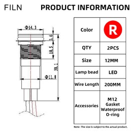 FILN 2 x 12 mm (1/2 inch) indicator light, LED indicator, 110 V, metal indicator, aluminium, black, anodized, waterproof, IP67, red signal lamp (110 V black coated, red, 2 pieces)