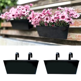 LaLaGreen Railing Hanging Planters (2 Pack, 16 Inch) Large Black Metal Strawberry Flower Pots Outdoor Countryside Modern Rectangle Succulent Planter with Drainage Holes Hanger Balcony Deck Fence Porch